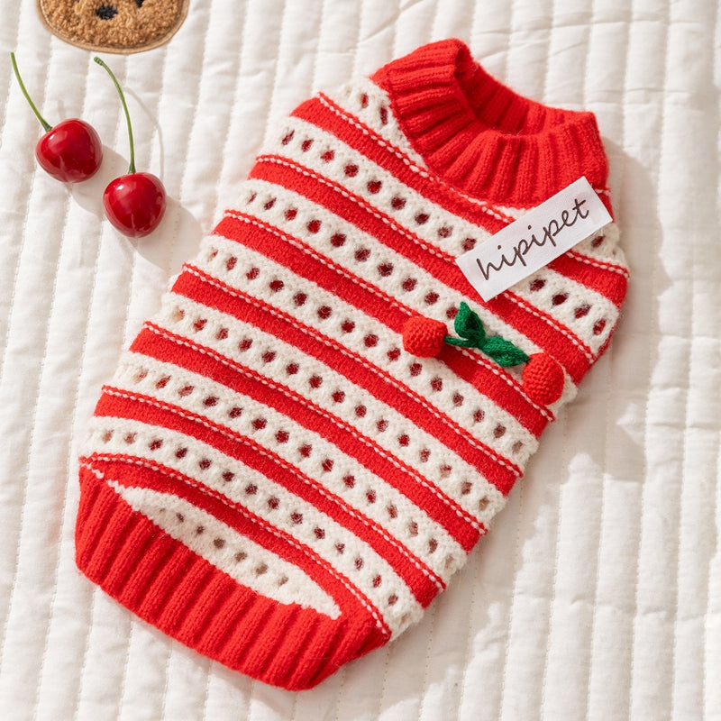 Autumn And Winter Dog Clothing, Warm, Hollowed-out Knitted Cherry Small Dog, Teddy Bichon, Cat Sweater, Pet Clothing - Majestic Pet Kingdom