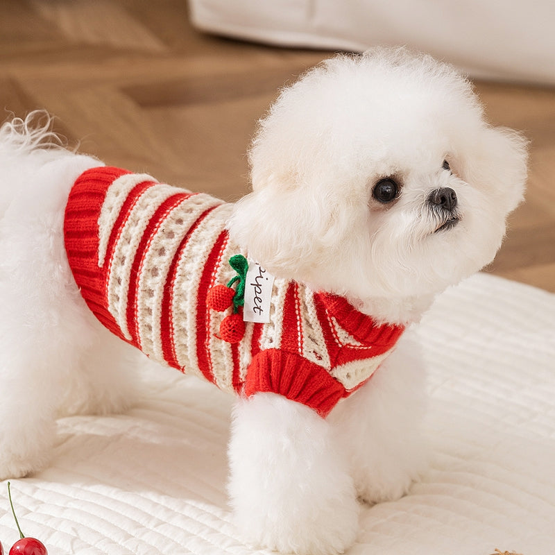 Autumn And Winter Dog Clothing, Warm, Hollowed-out Knitted Cherry Small Dog, Teddy Bichon, Cat Sweater, Pet Clothing - Majestic Pet Kingdom