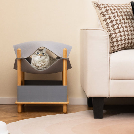 2-Tier Wooden Cat House with Semi-enclosed Condo and Removable Clothes-Gray | Purrfect Pet Kingdom
