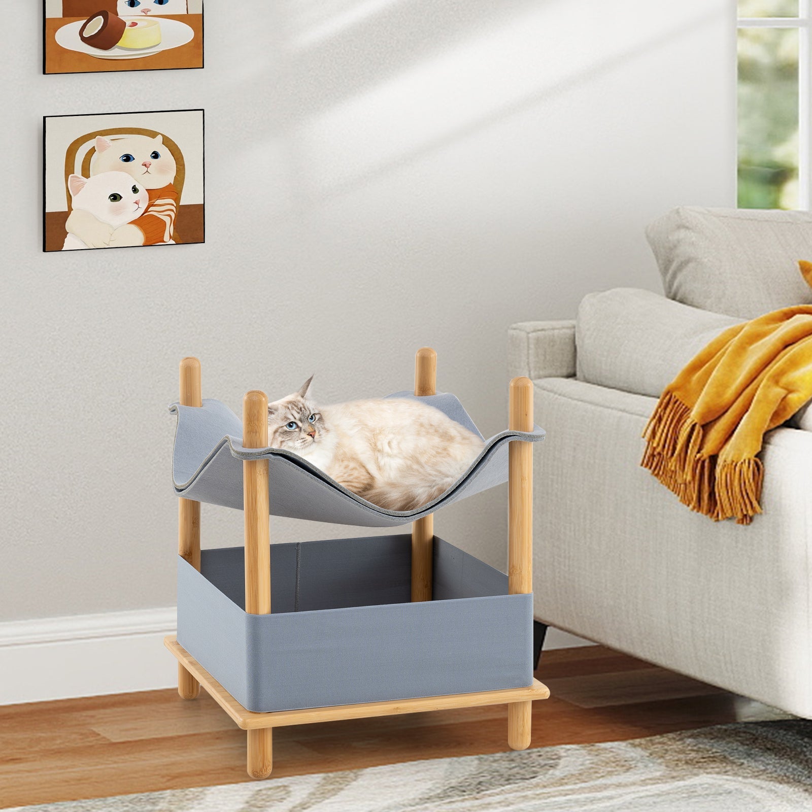 Cat House 2-Tier Wooden Condo Semi-Enclosed Shelter Gray Bed - Detail Angle 2 | Majestic Pet Kingdom