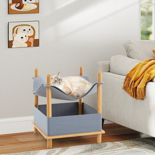 2-Tier Wooden Cat House with Semi-enclosed Condo and Removable Clothes-Gray | Purrfect Pet Kingdom