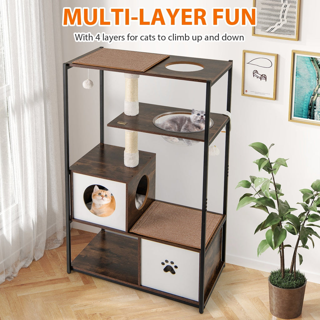 52 Inch Tall Wooden Cat Tree Metal Frame with 2 Condos and Cushions-Coffee - Majestic Pet Kingdom