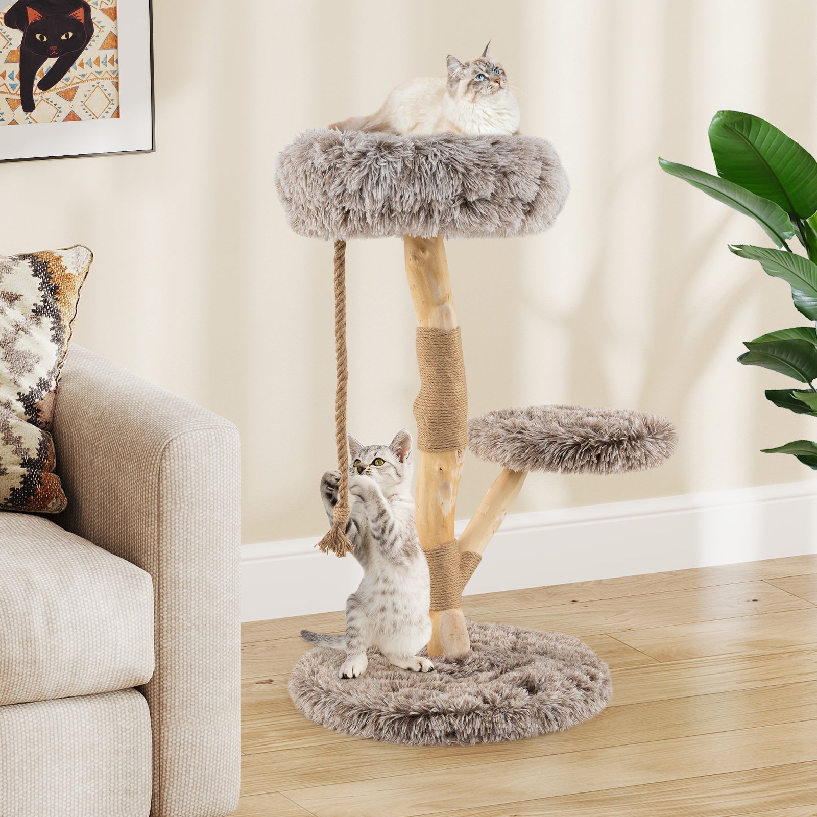 Modern Wooden Cat Tree Tower with Perch and Natural Jute Scratching Posts-Brown - Majestic Pet Kingdom