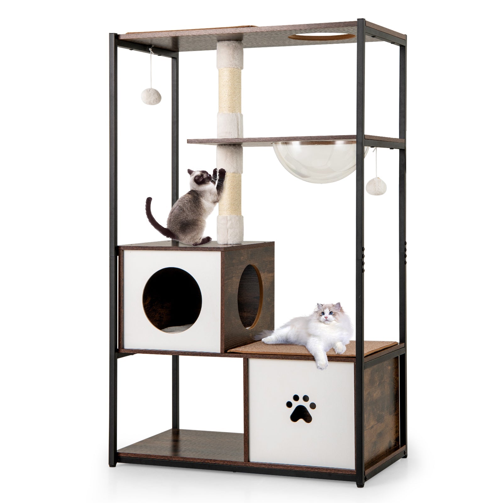 52 Inch Tall Wooden Cat Tree Metal Frame with 2 Condos and Cushions-Coffee - Majestic Pet Kingdom