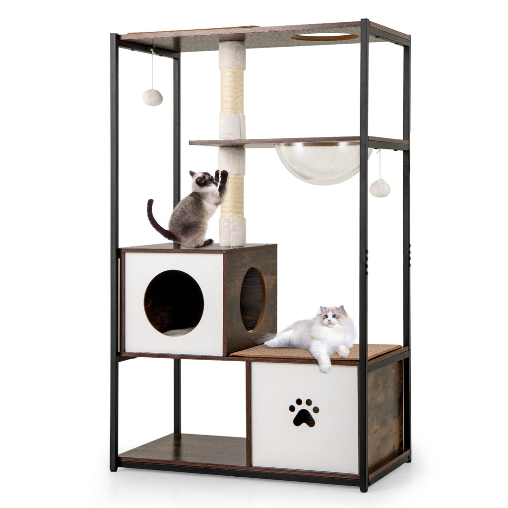 52 Inch Tall Wooden Cat Tree Metal Frame with 2 Condos and Cushions-Coffee - Majestic Pet Kingdom