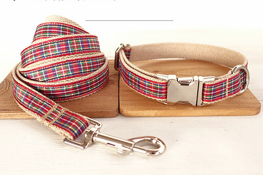 Red Plaid Dog Collar & Matching Leash Set for Dogs