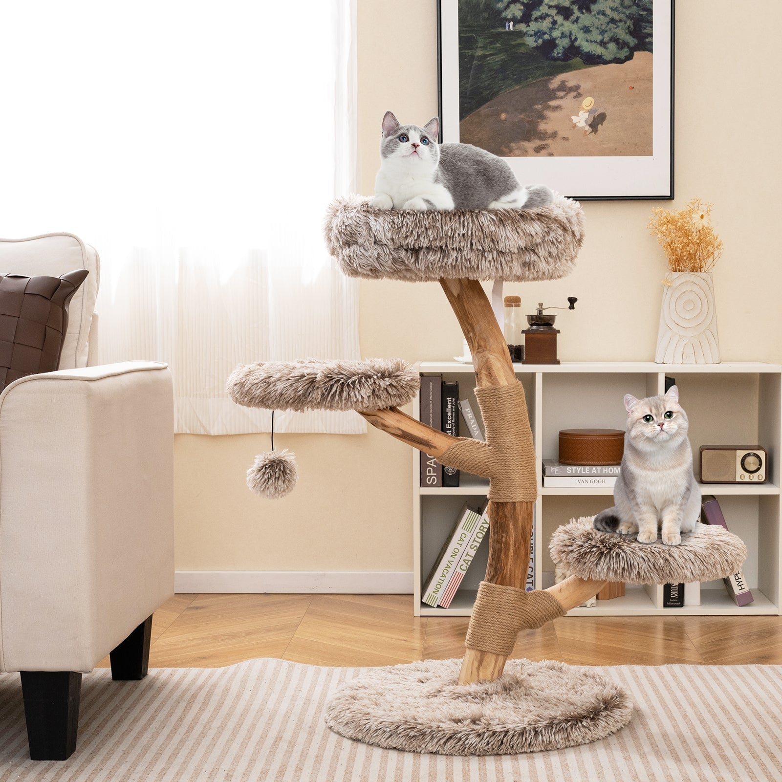 Cat Tree Solid Pear Wood with Perch and Natural Jute Scratching Posts-Brown - Majestic Pet Kingdom