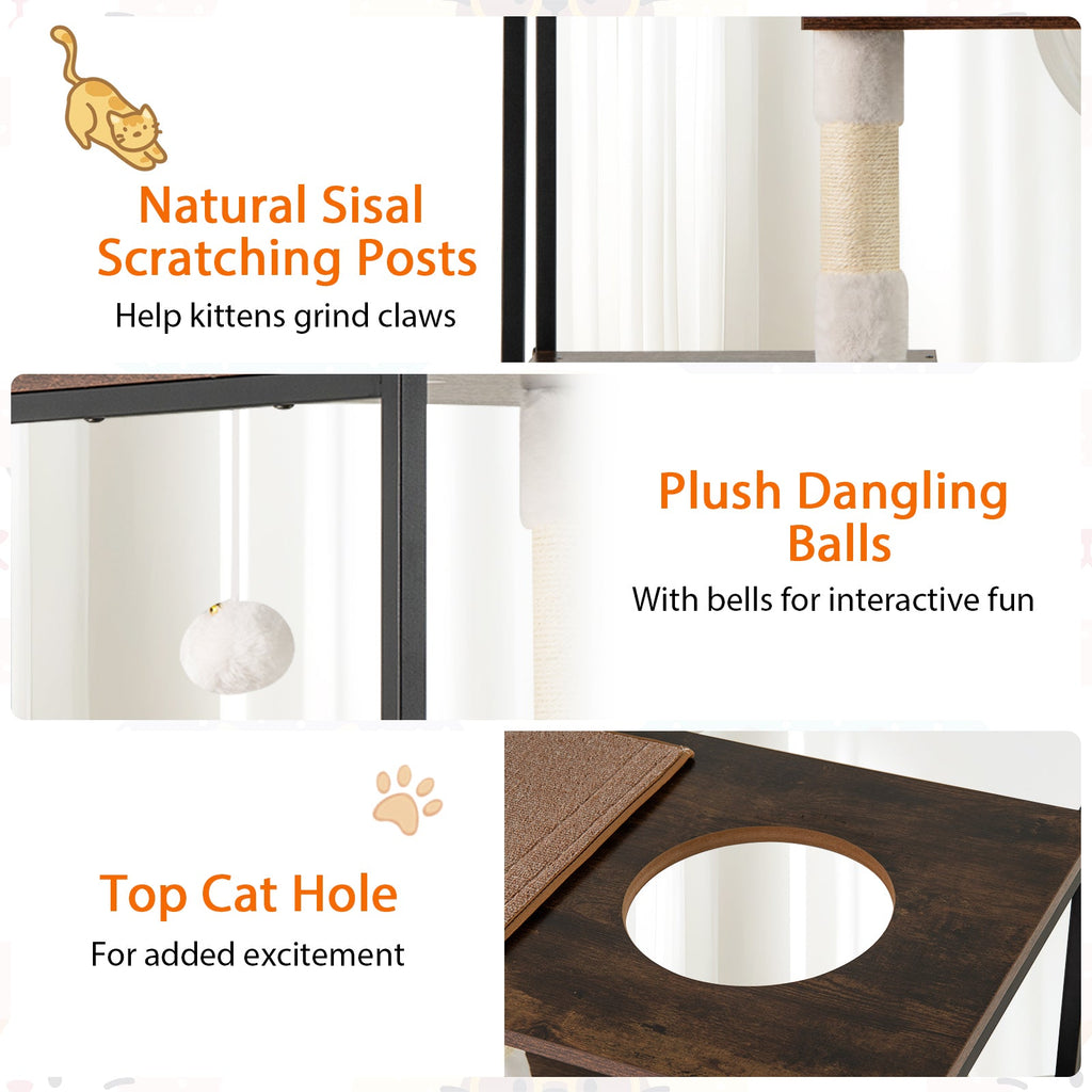 52 Inch Tall Wooden Cat Tree Metal Frame with 2 Condos and Cushions-Coffee - Majestic Pet Kingdom