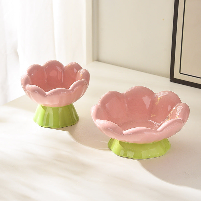 Ceramic Raised Cat Bowl Shallow Wide, Anti-Vomiting And Whisker Fatigue, Non-Slip, Tilted Cute Flower Cat Food And Water Bowls For Indoor Cats, Pink