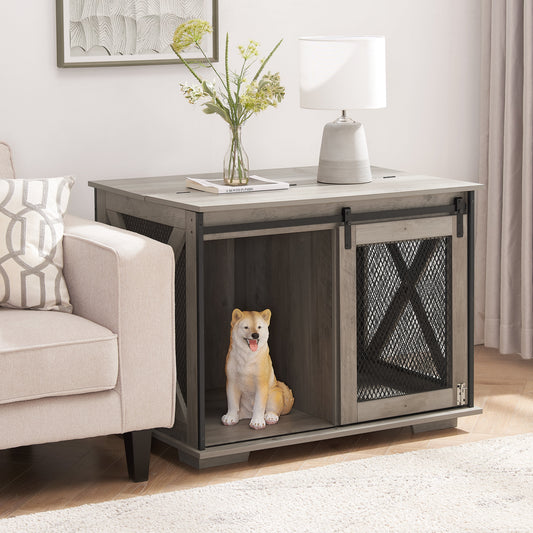 Farmhouse Dog Cage Crate Furniture with Sliding Barn Door, Farmhouse Wooden Dog Kennel End Table with Flip-top Plate Dog House | Purrfect Pet Kingdom
