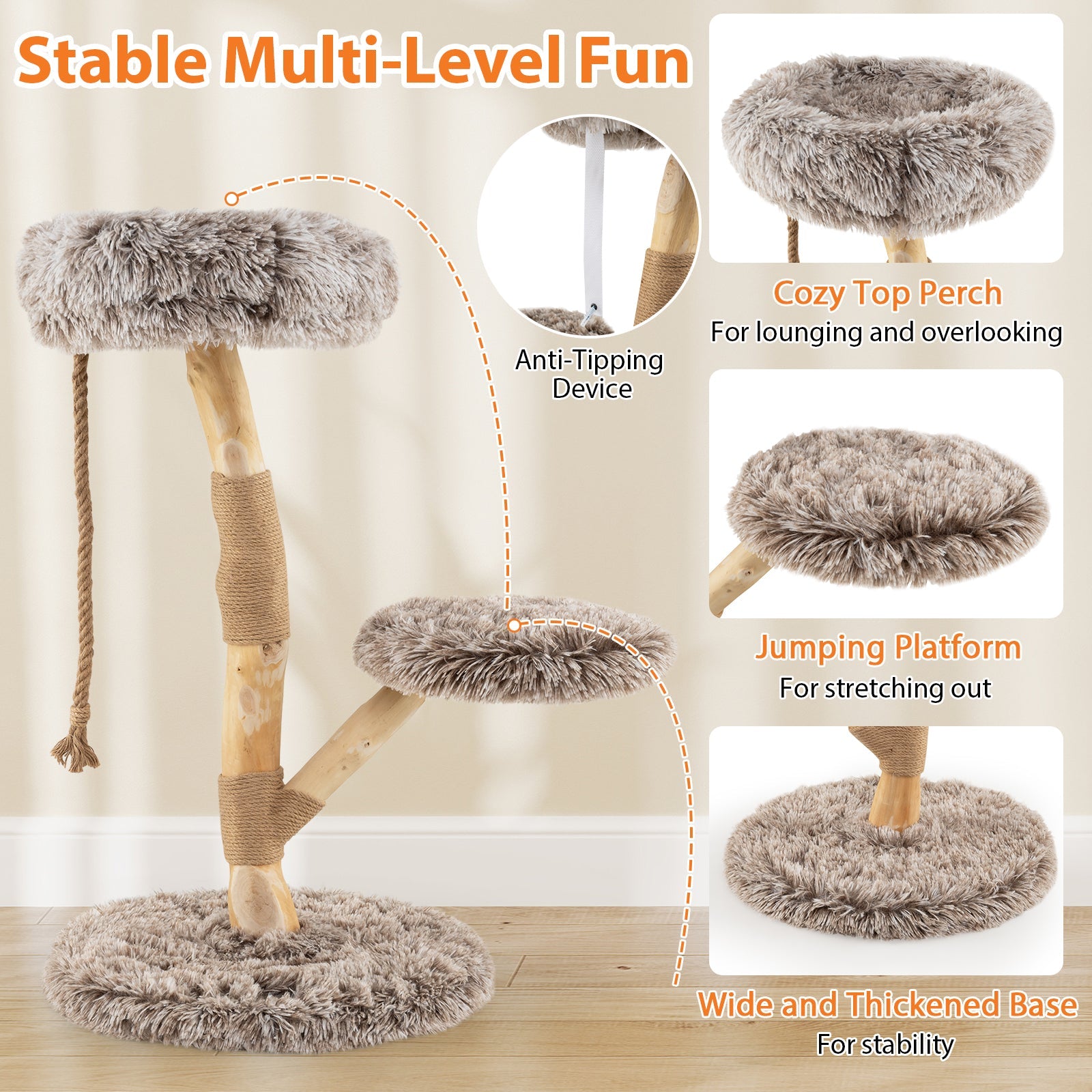 Modern Wooden Cat Tree Tower with Perch and Natural Jute Scratching Posts-Brown - Majestic Pet Kingdom