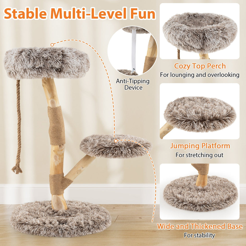 Modern Wooden Cat Tree Tower with Perch and Natural Jute Scratching Posts-Brown - Majestic Pet Kingdom