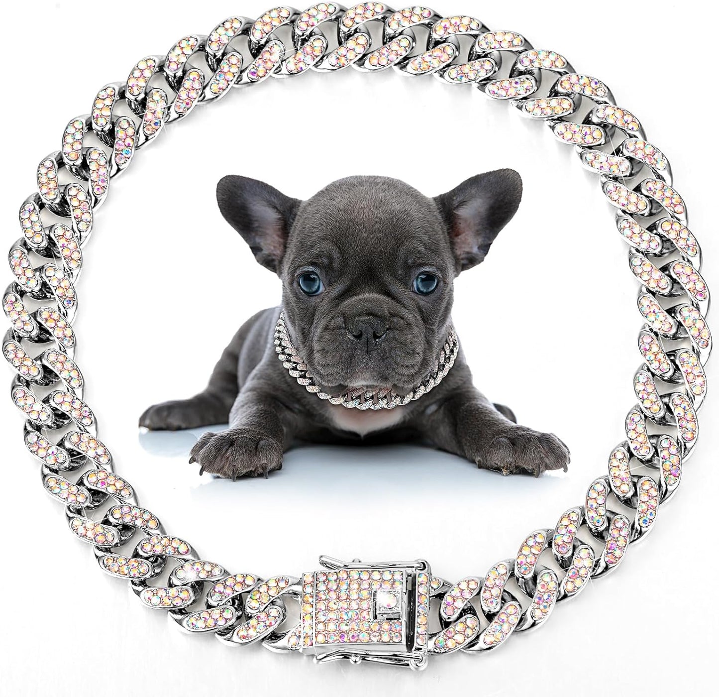Dog Necklace Cuban Link Metal Chain Crystal Rhinestone Collar - Detail Angle 3 | Majestic Pet Kingdom
