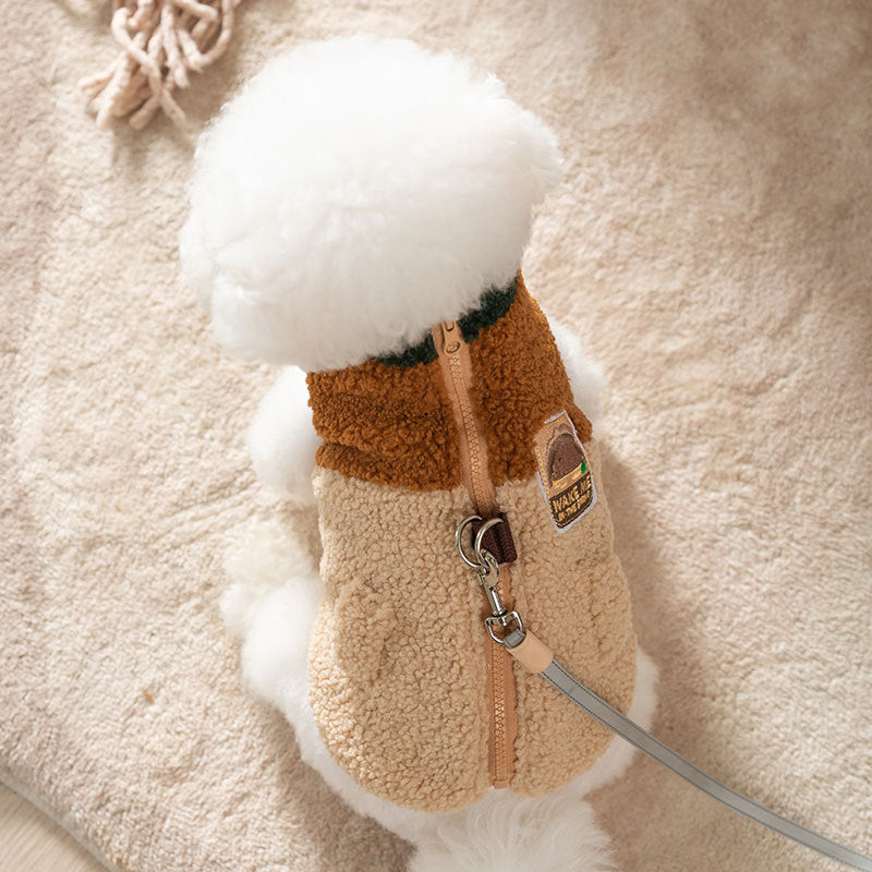 Wake Me In The Spring Squirrel Patch Pet Fleece Jacket, Color-Block Dog Coat With Leash Ring  Pockets | Purrfect Pet Kingdom
