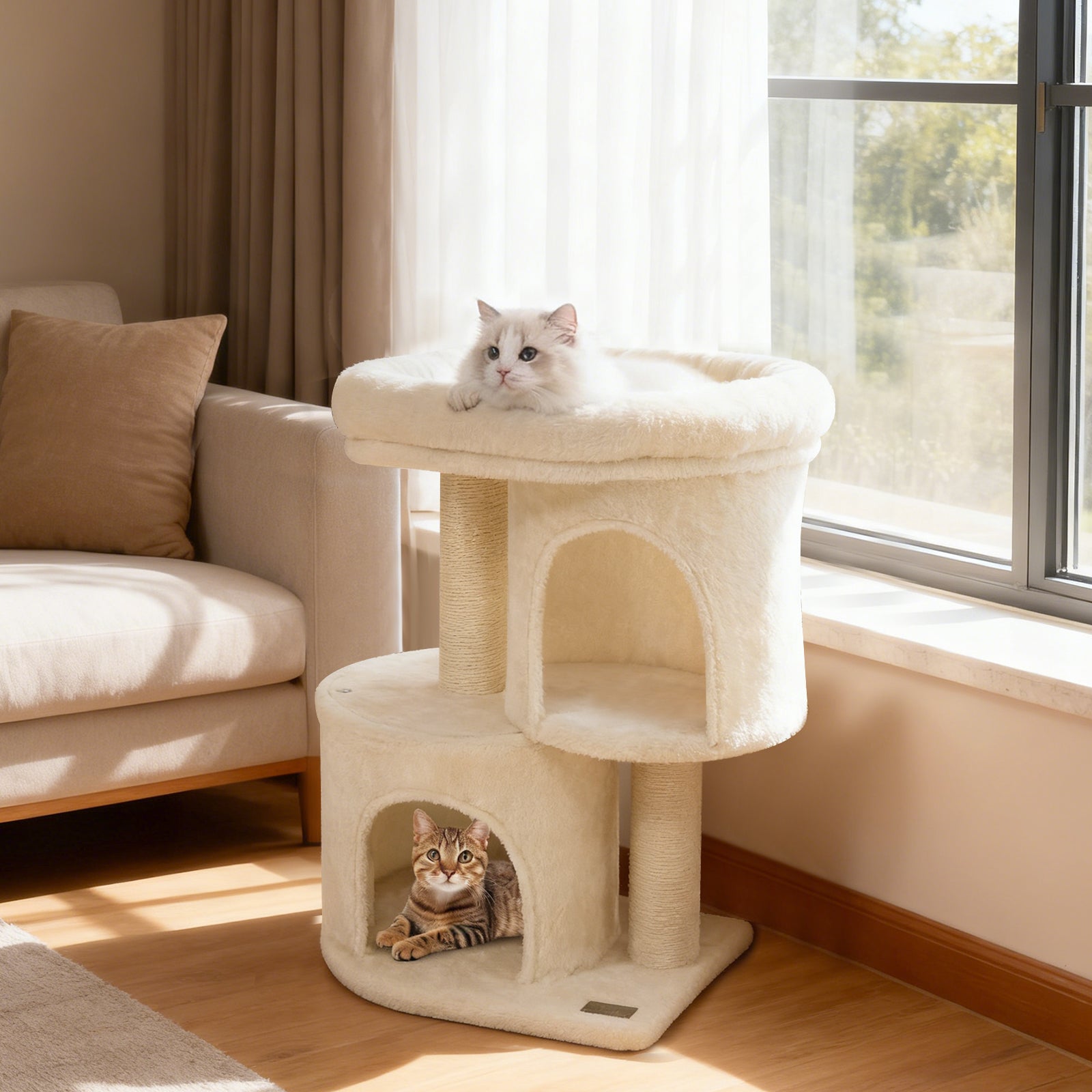 26 Inch Cat Tower with Large Padded Push Perch and Dual Condos - Majestic Pet Kingdom