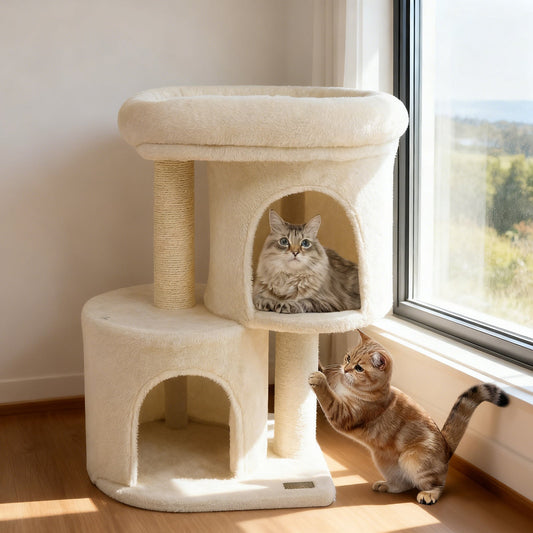 26 Inch Cat Tower with Large Padded Push Perch and Dual Condos - Majestic Pet Kingdom