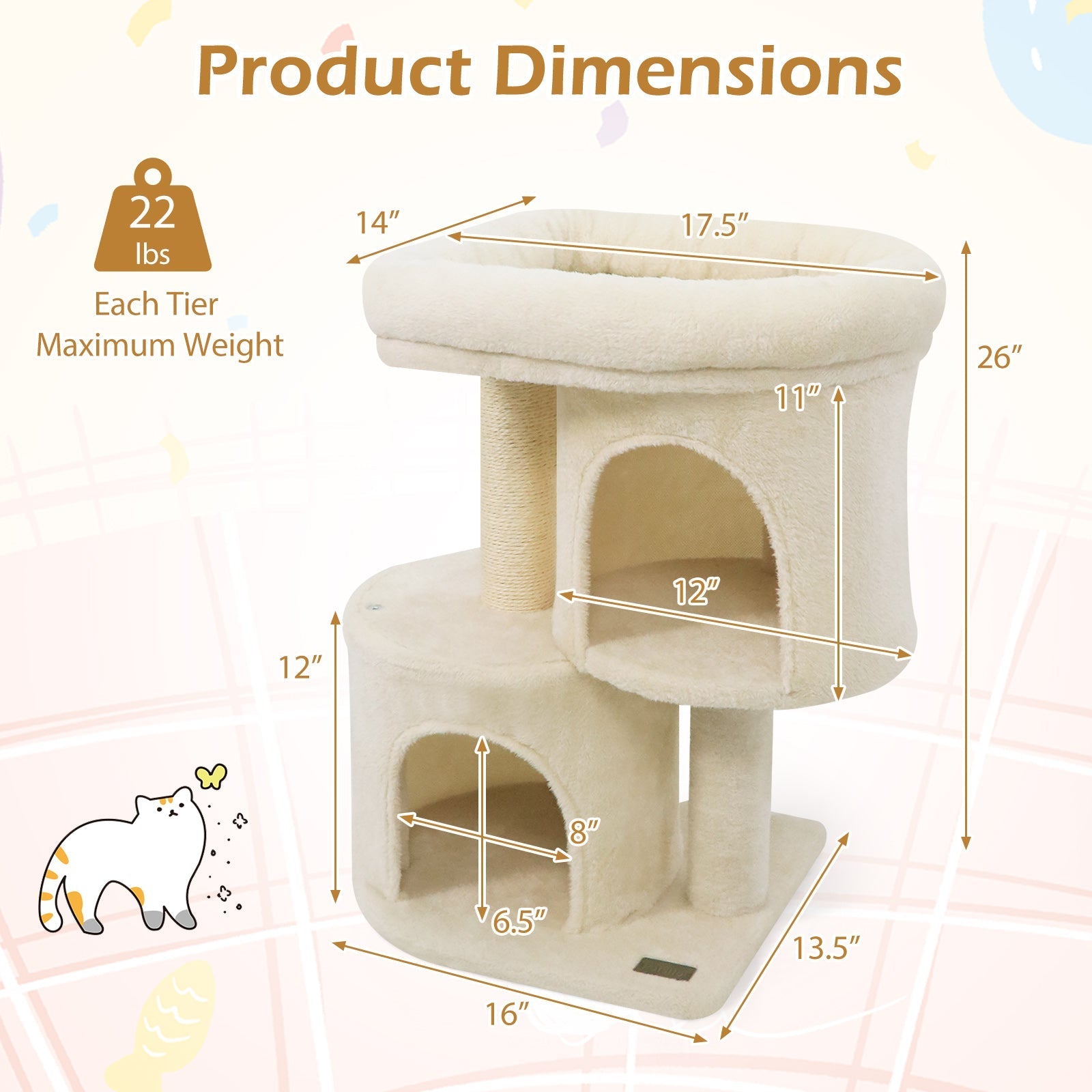 26 Inch Cat Tower with Large Padded Push Perch and Dual Condos - Majestic Pet Kingdom