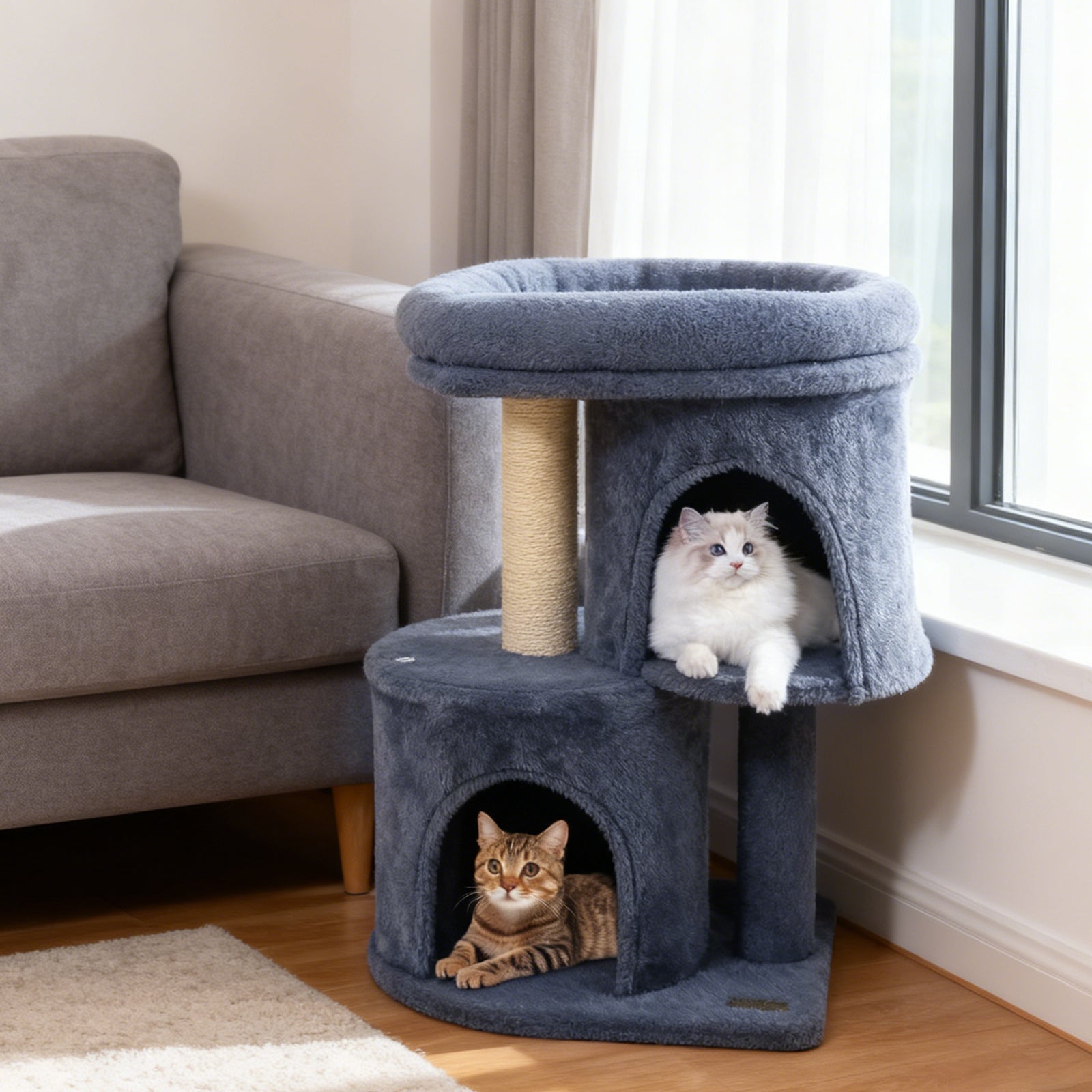 26 Inch Cat Tower with Large Padded Push Perch and Dual Condos - Majestic Pet Kingdom