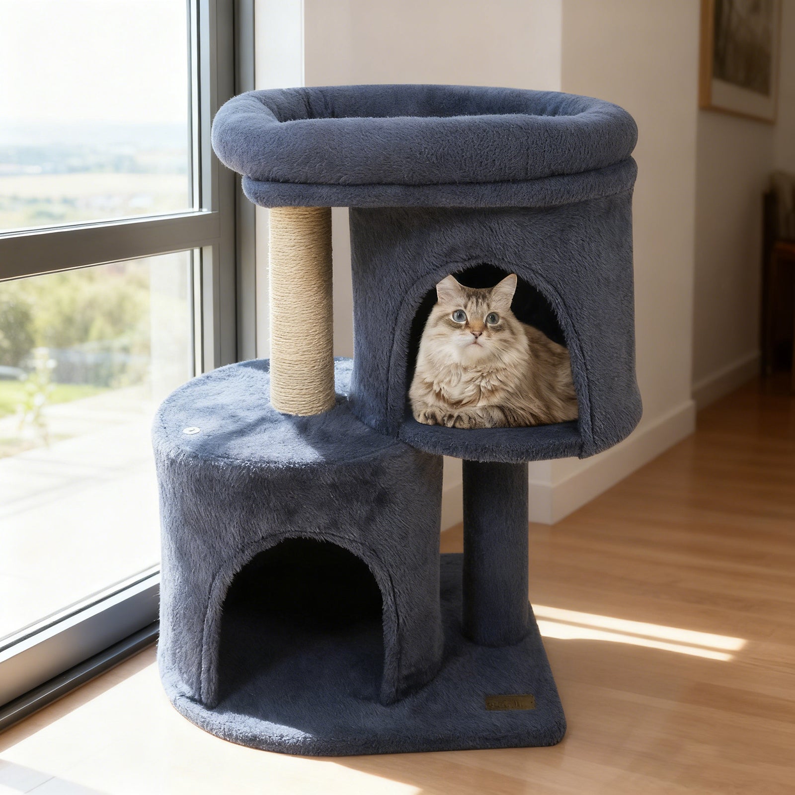 26 Inch Cat Tower with Large Padded Push Perch and Dual Condos - Majestic Pet Kingdom