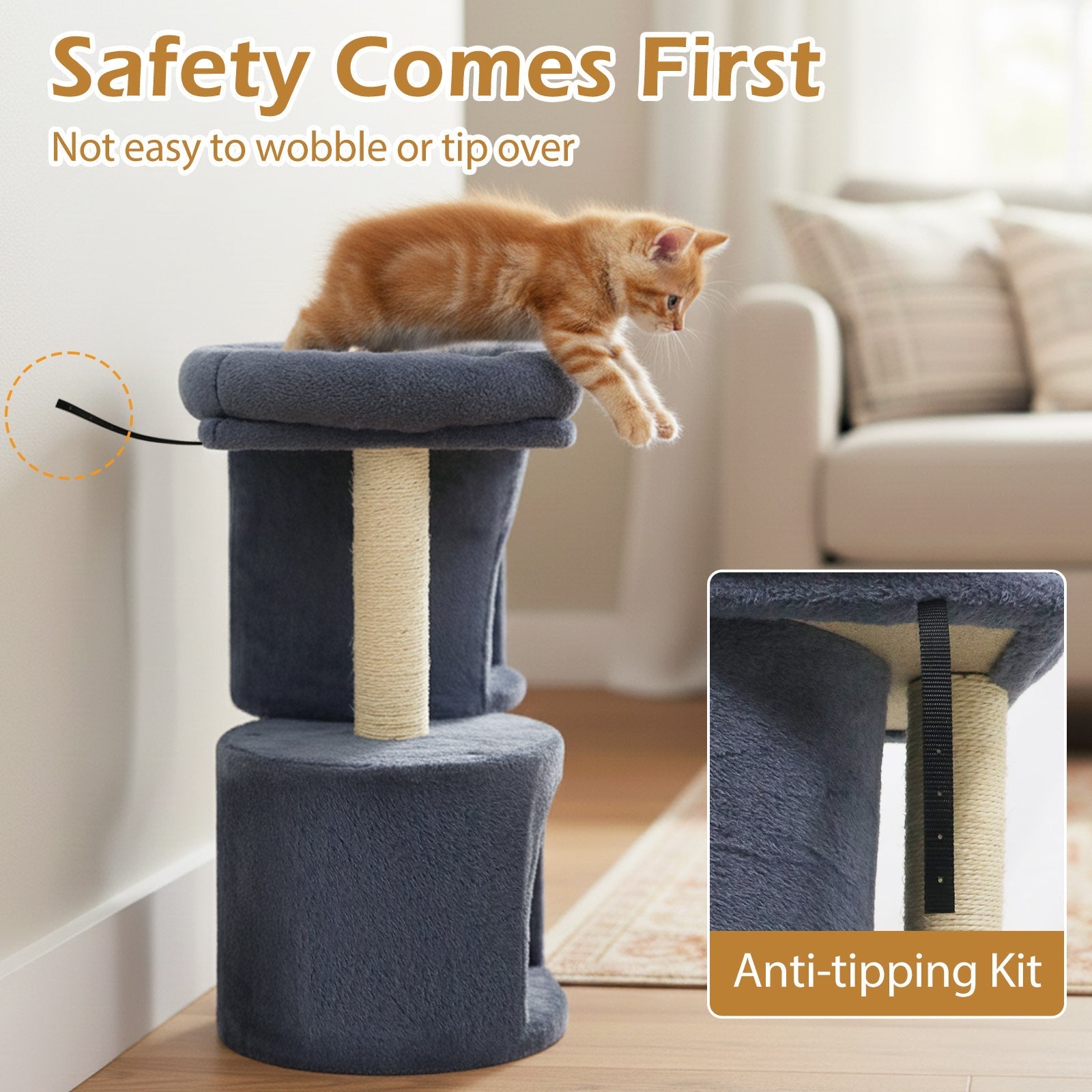 26 Inch Cat Tower with Large Padded Push Perch and Dual Condos - Majestic Pet Kingdom
