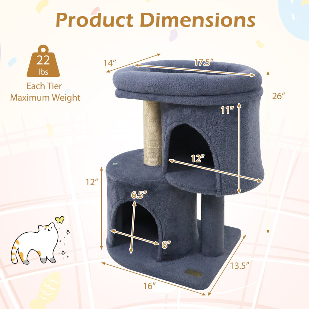 26 Inch Cat Tower with Large Padded Push Perch and Dual Condos - Majestic Pet Kingdom