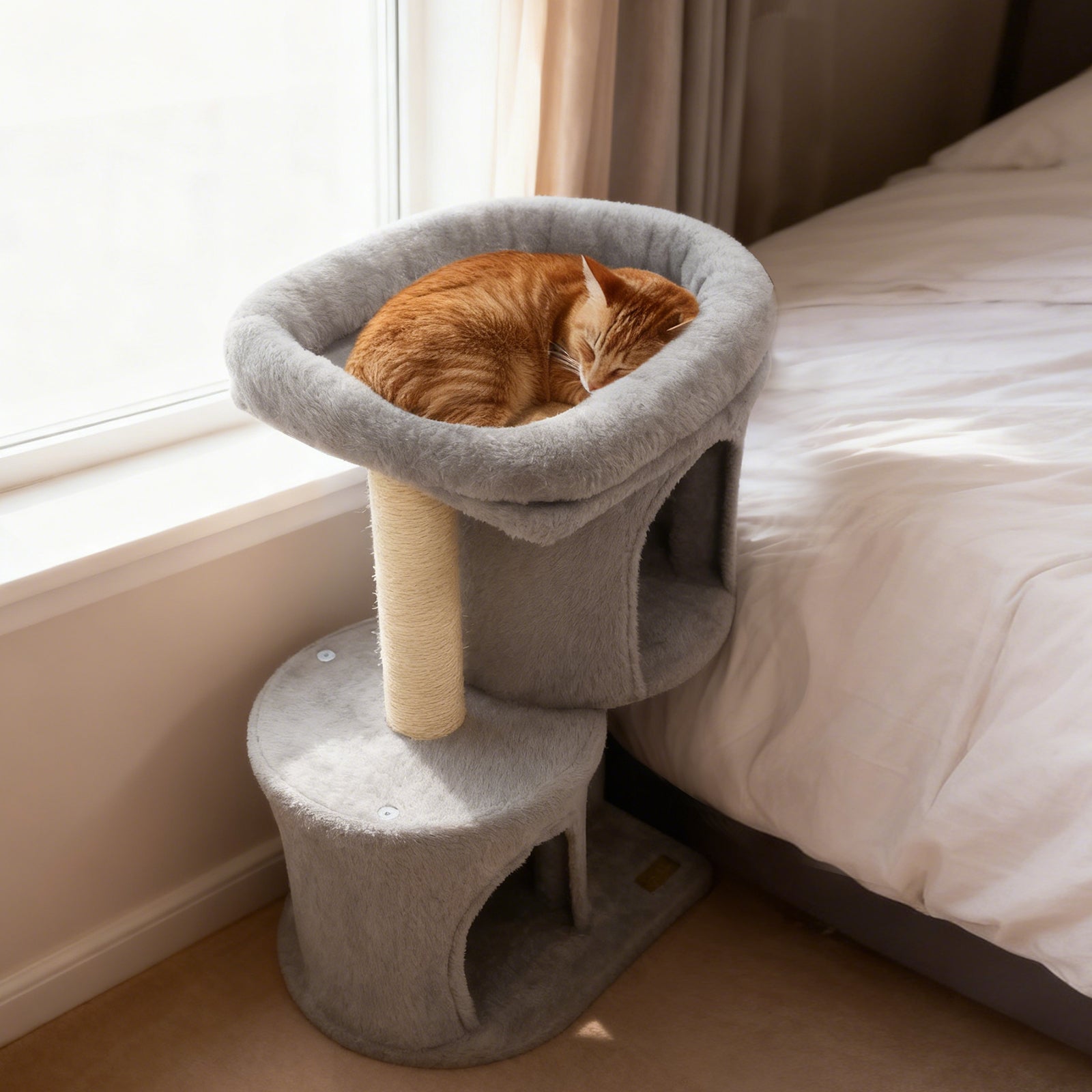 26 Inch Cat Tower with Large Padded Push Perch and Dual Condos - Majestic Pet Kingdom