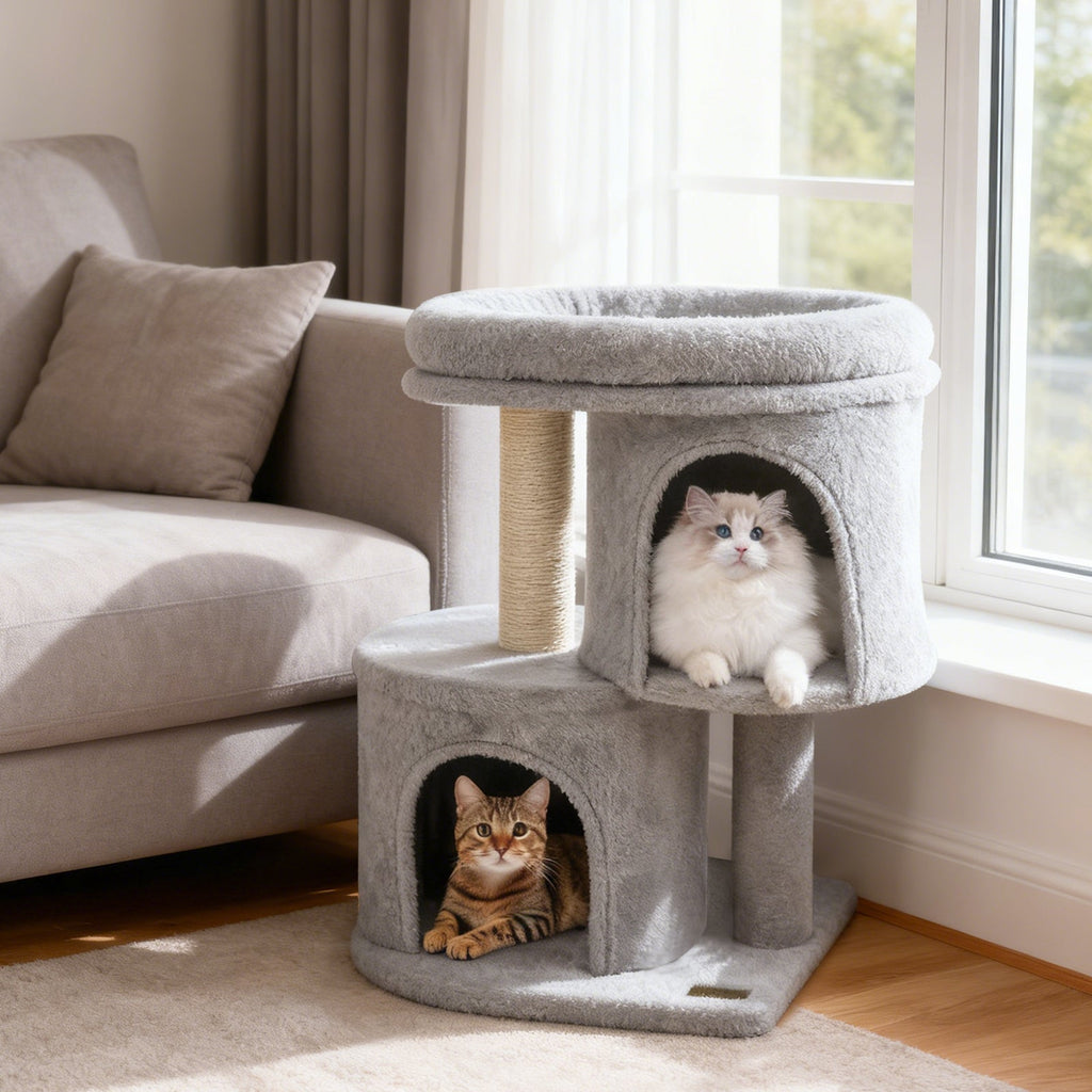 26 Inch Cat Tower with Large Padded Push Perch and Dual Condos - Majestic Pet Kingdom