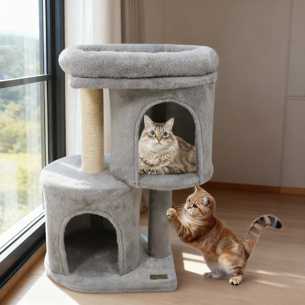 26 Inch Cat Tower with Large Padded Push Perch and Dual Condos - Majestic Pet Kingdom