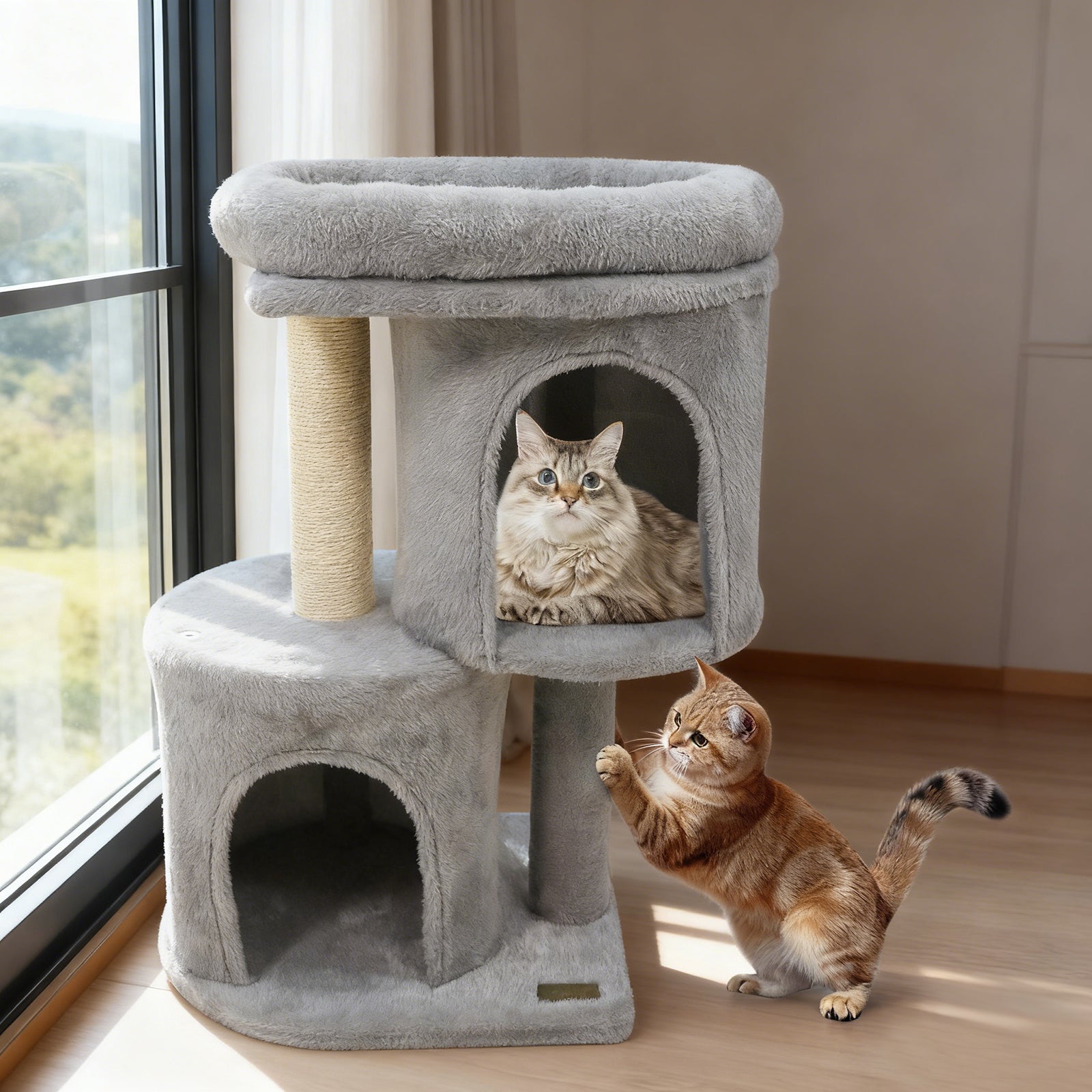 26 Inch Cat Tower with Large Padded Push Perch and Dual Condos - Majestic Pet Kingdom