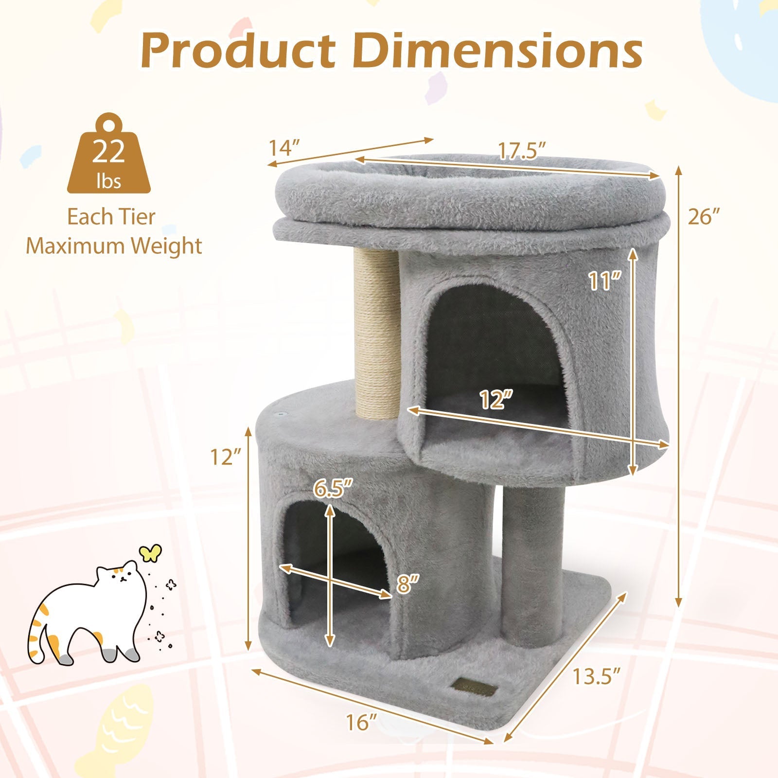 26 Inch Cat Tower with Large Padded Push Perch and Dual Condos - Majestic Pet Kingdom