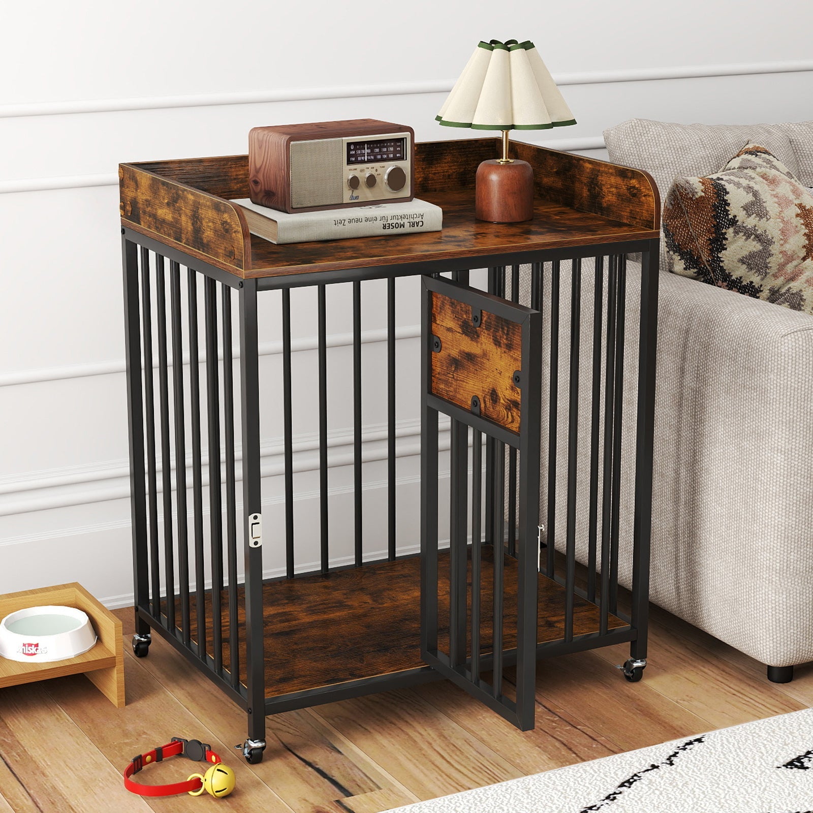27.5 Inch Dog Crate Furniture with Wheels for Small Dogs
