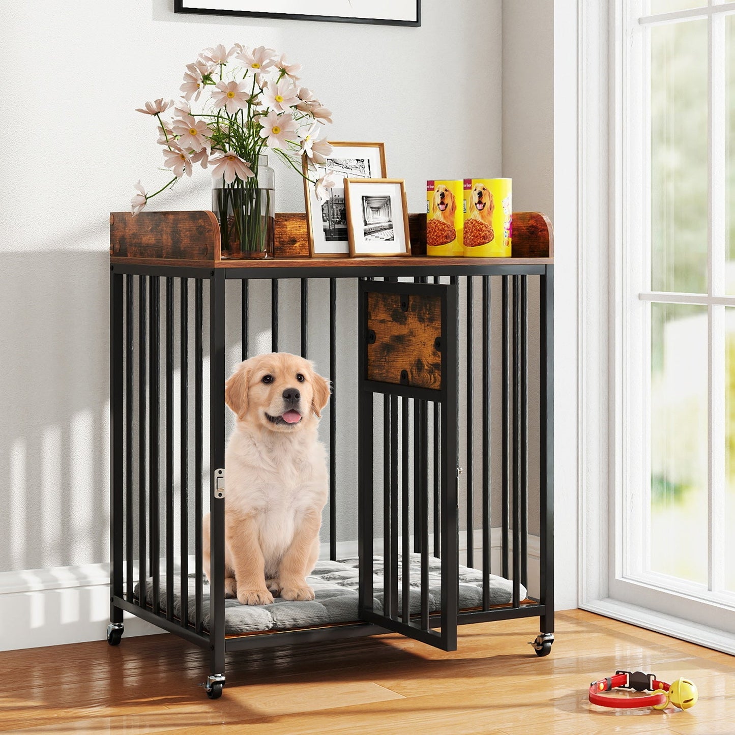 Dog Crate Furniture 27.5-Inch Wooden Kennel on Wheels Small - Detail Angle 2 | Majestic Pet Kingdom