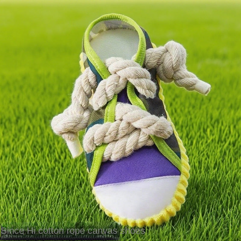 Dog Chew Toy Slipper Shape Natural Rubber with Cotton Rope Tug - Detail Angle 2 | Majestic Pet Kingdom