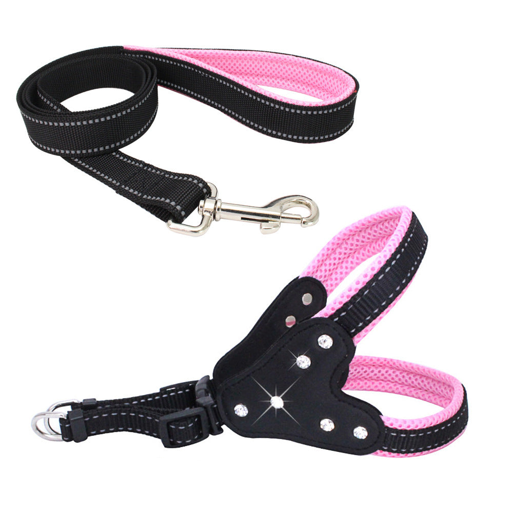 Comfortable Mesh Fabric Shiny Rhinestone Pet Hand Holding Rope Reflective Dog Breast Strap Vest Style