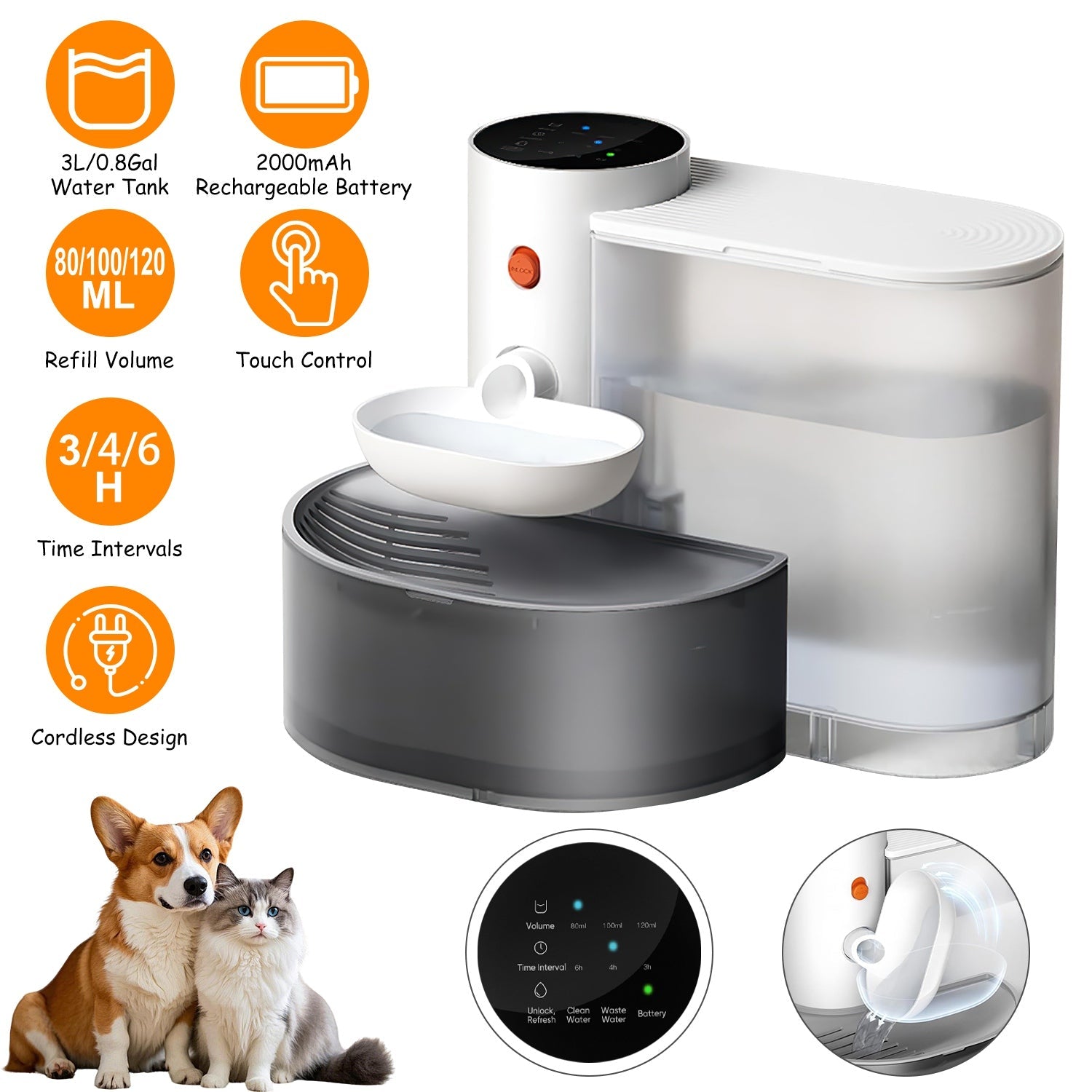 Smart Pet Water Fountain Automatic Cat Water Dispenser 3L/101OZ Cordless Rechargeable Dog Water Fountain Self-Refill with 3 Adjustable Volume 3 Time I - Majestic Pet Kingdom