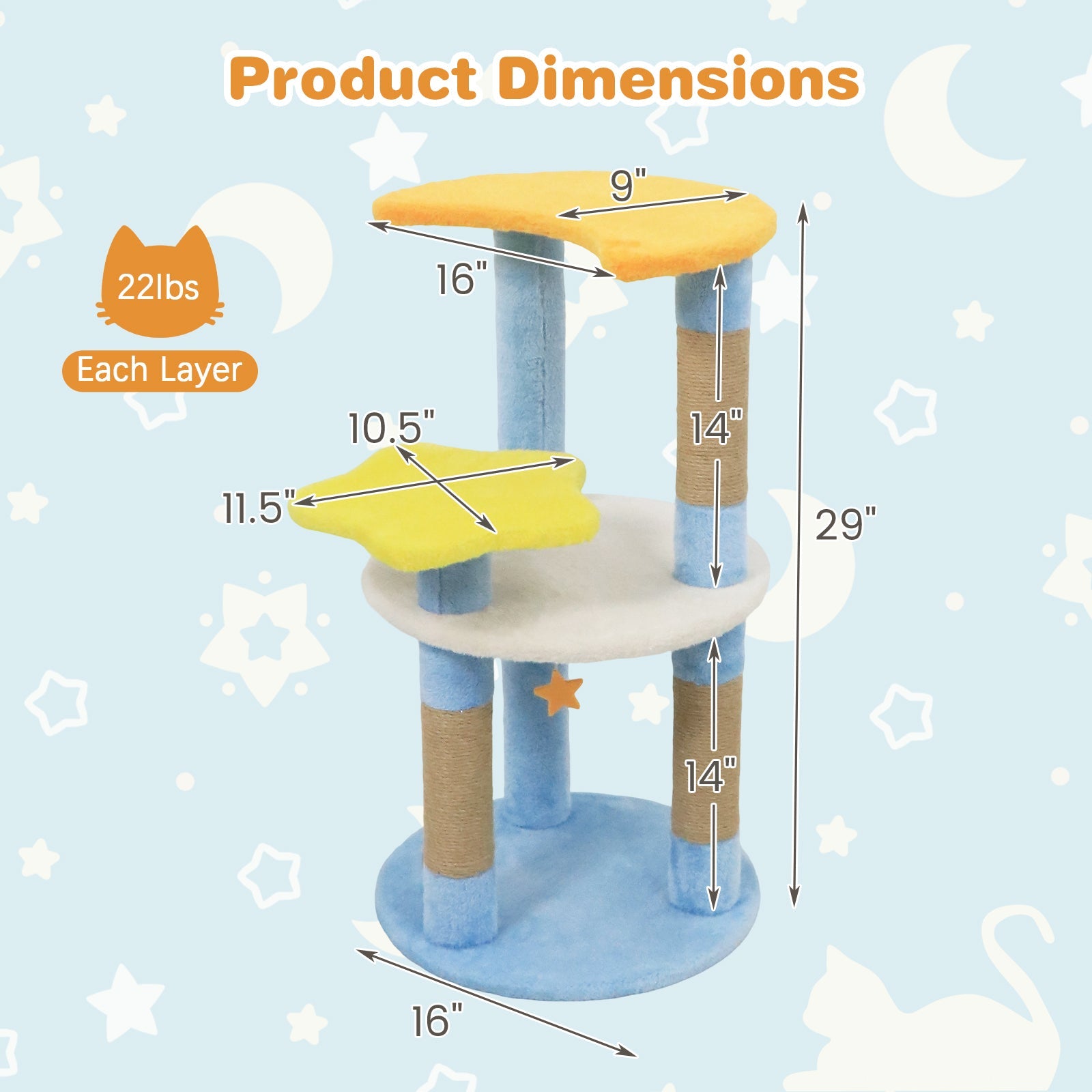 29 Inches Cute Modern Cat Tree with Star and Moon Shaped Platforms - Majestic Pet Kingdom