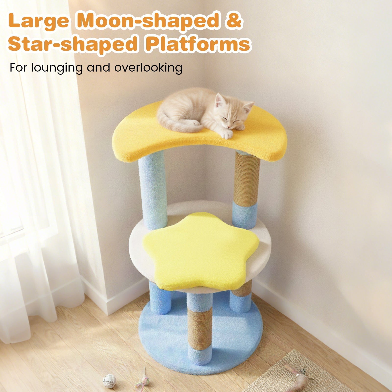 29 Inches Cute Modern Cat Tree with Star and Moon Shaped Platforms - Majestic Pet Kingdom
