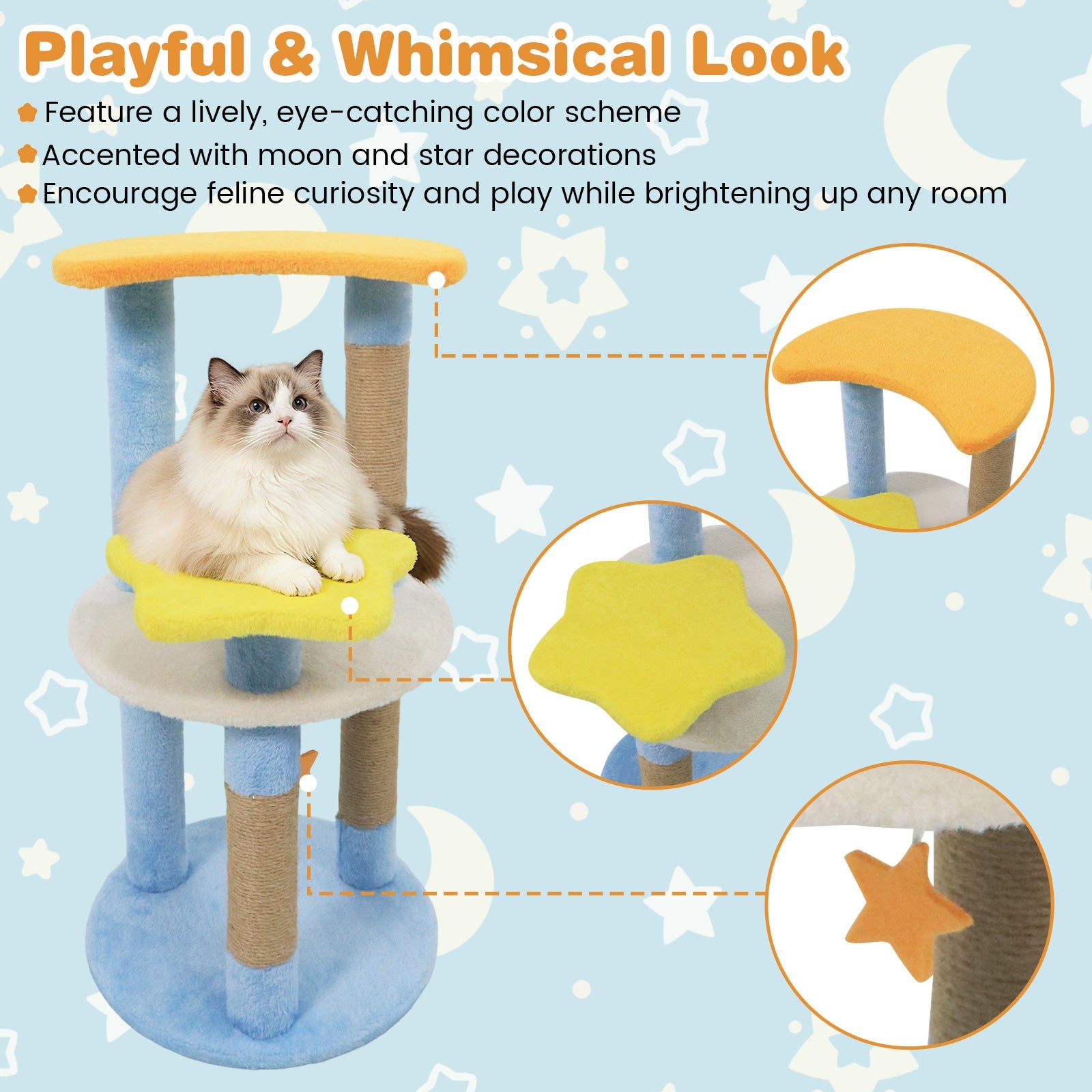 29 Inches Cute Modern Cat Tree with Star and Moon Shaped Platforms - Majestic Pet Kingdom