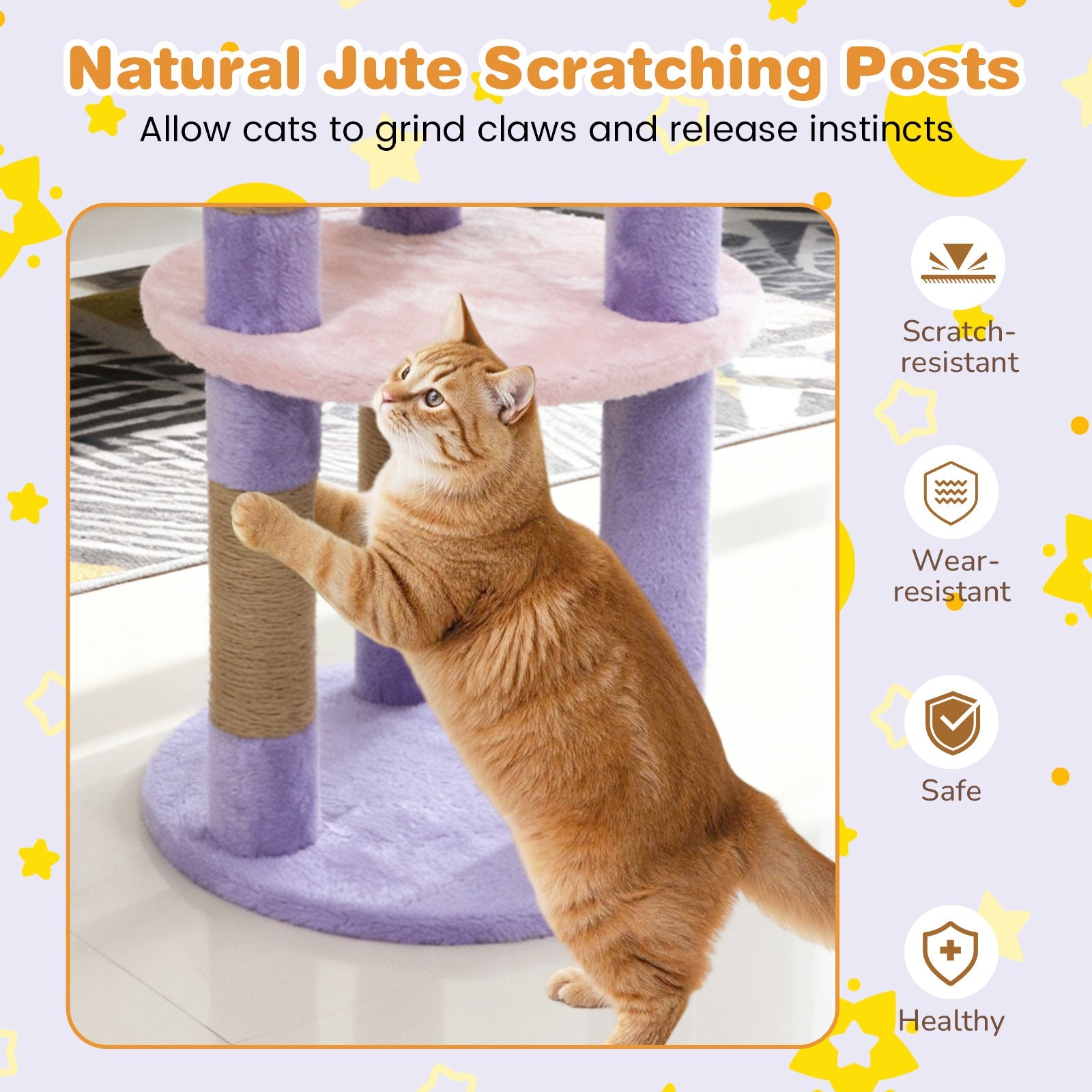 29 Inches Cute Modern Cat Tree with Star and Moon Shaped Platforms - Majestic Pet Kingdom