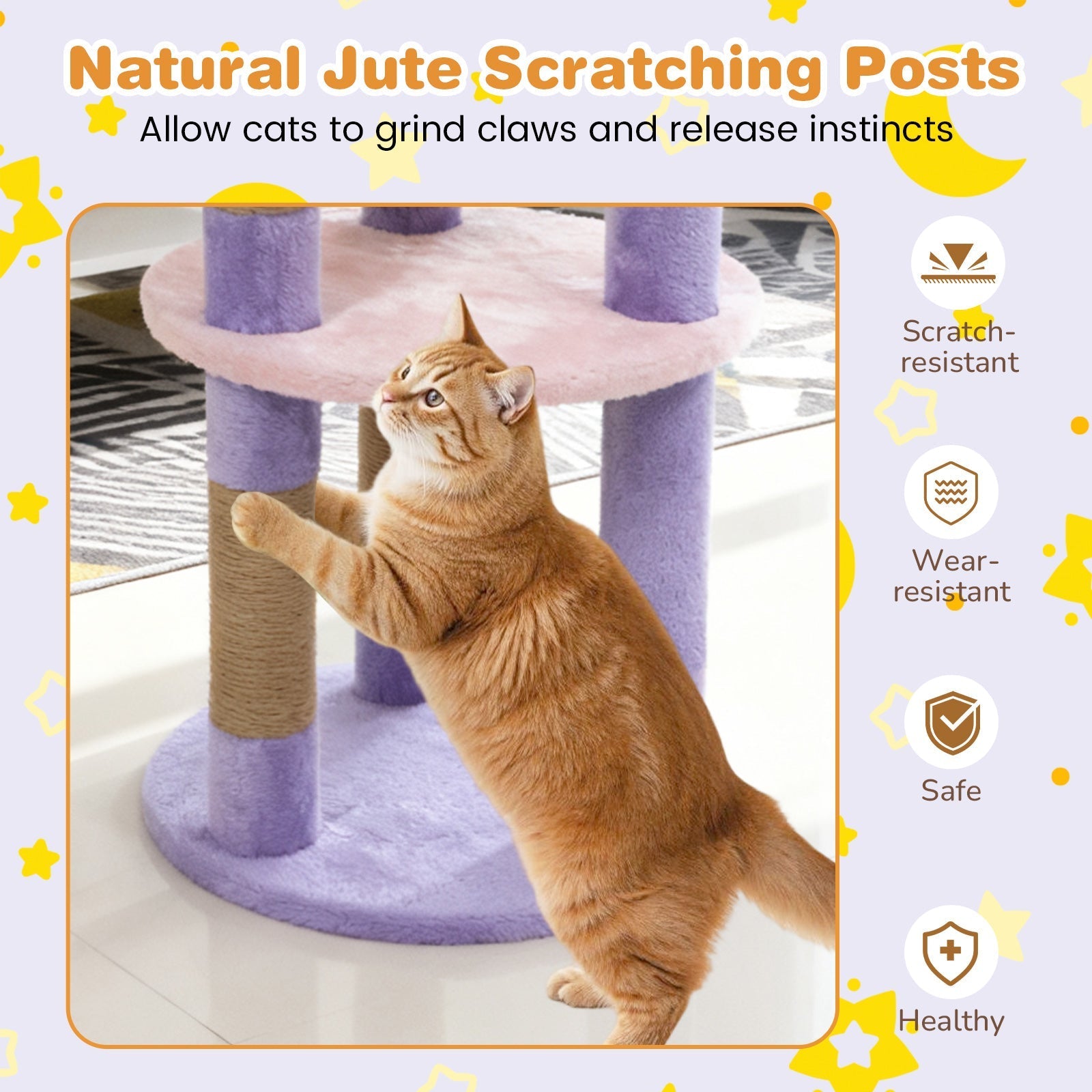 29 Inches Cute Modern Cat Tree with Star and Moon Shaped Platforms - Majestic Pet Kingdom