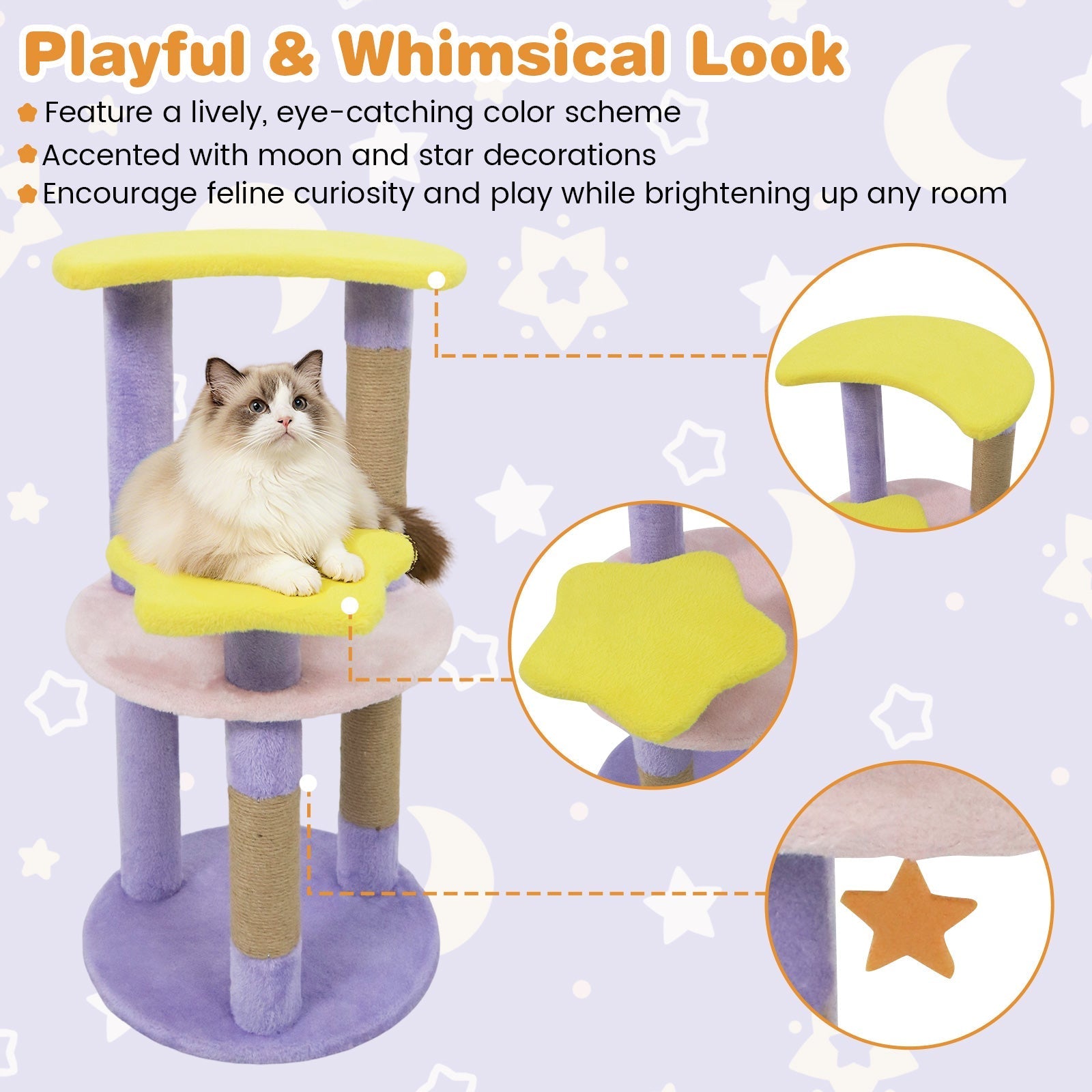 29 Inches Cute Modern Cat Tree with Star and Moon Shaped Platforms - Majestic Pet Kingdom