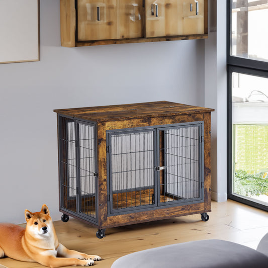 Furniture Style Dog Crate Side Table on Wheels with Double Doors and Lift Top. Rustic Brown, 31.50'' W x 22.05'' D x 25'' H. | Purrfect Pet Kingdom