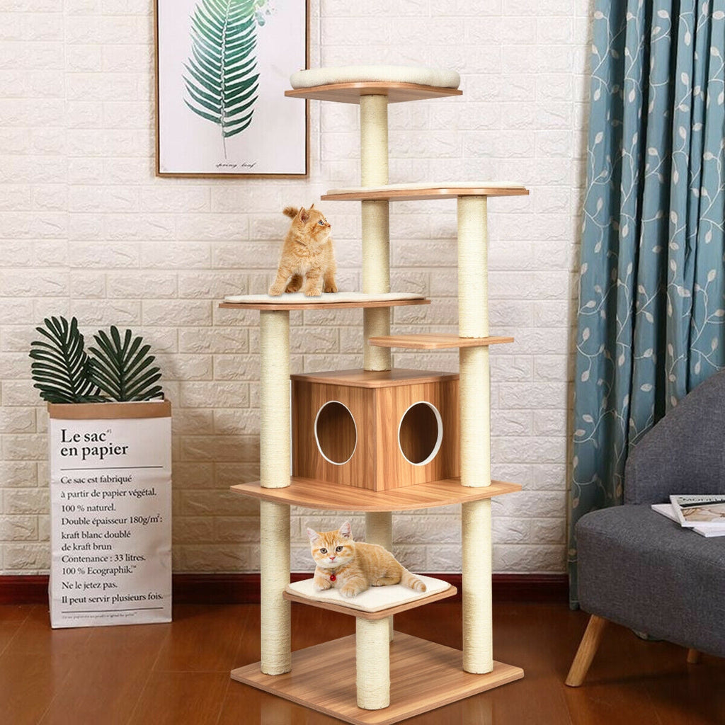 7-Layer Wooden Cat Tree Tall Cat Tower with Sisal Posts and Condo - Majestic Pet Kingdom