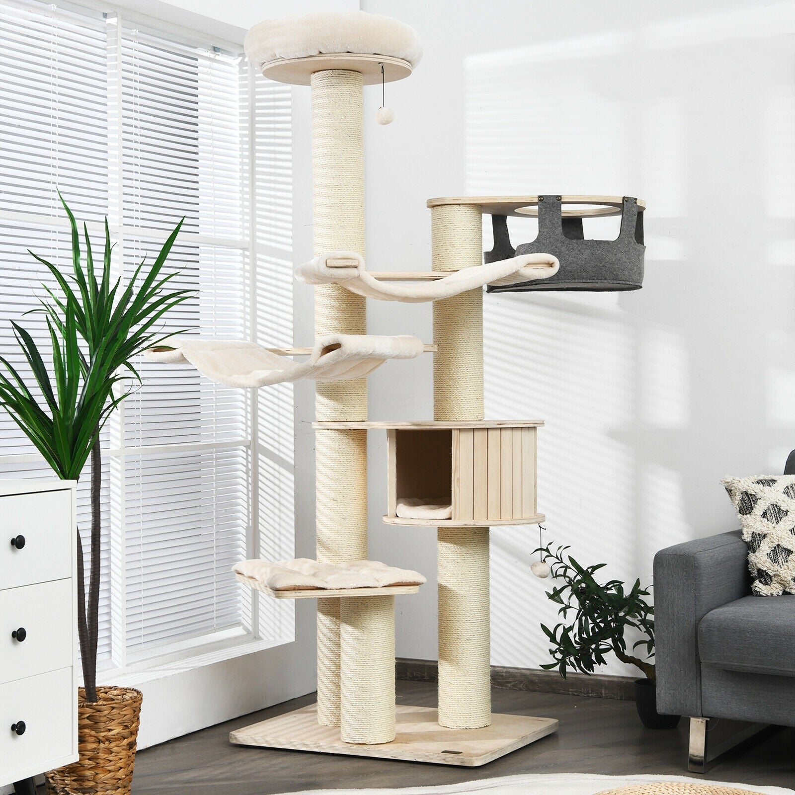 77.5-Inch Cat Tree Condo Multi-Level Kitten Activity Tower with Sisal Posts-Cream White - Majestic Pet Kingdom
