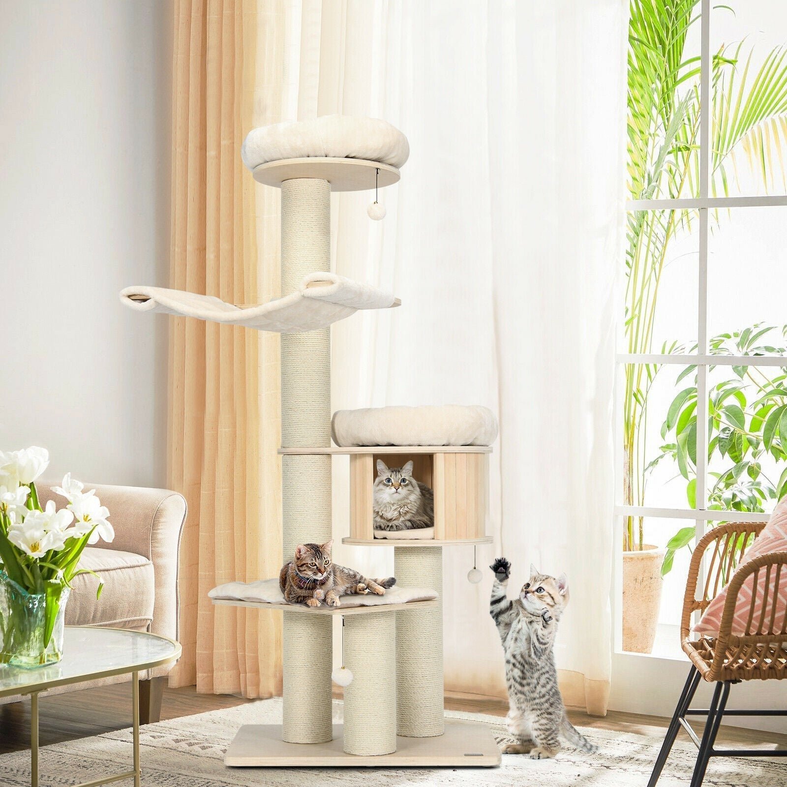 4-Layer 68.5-Inch Wooden Cat Tree Condo Activity Tower with Sisal Posts-Natural - Majestic Pet Kingdom