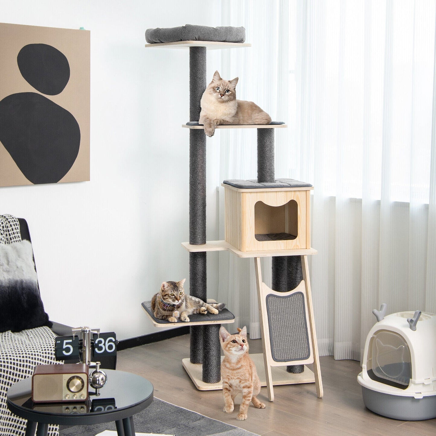 5-Tier Modern Wood Cat Tower with Washable Cushions-Gray - Majestic Pet Kingdom