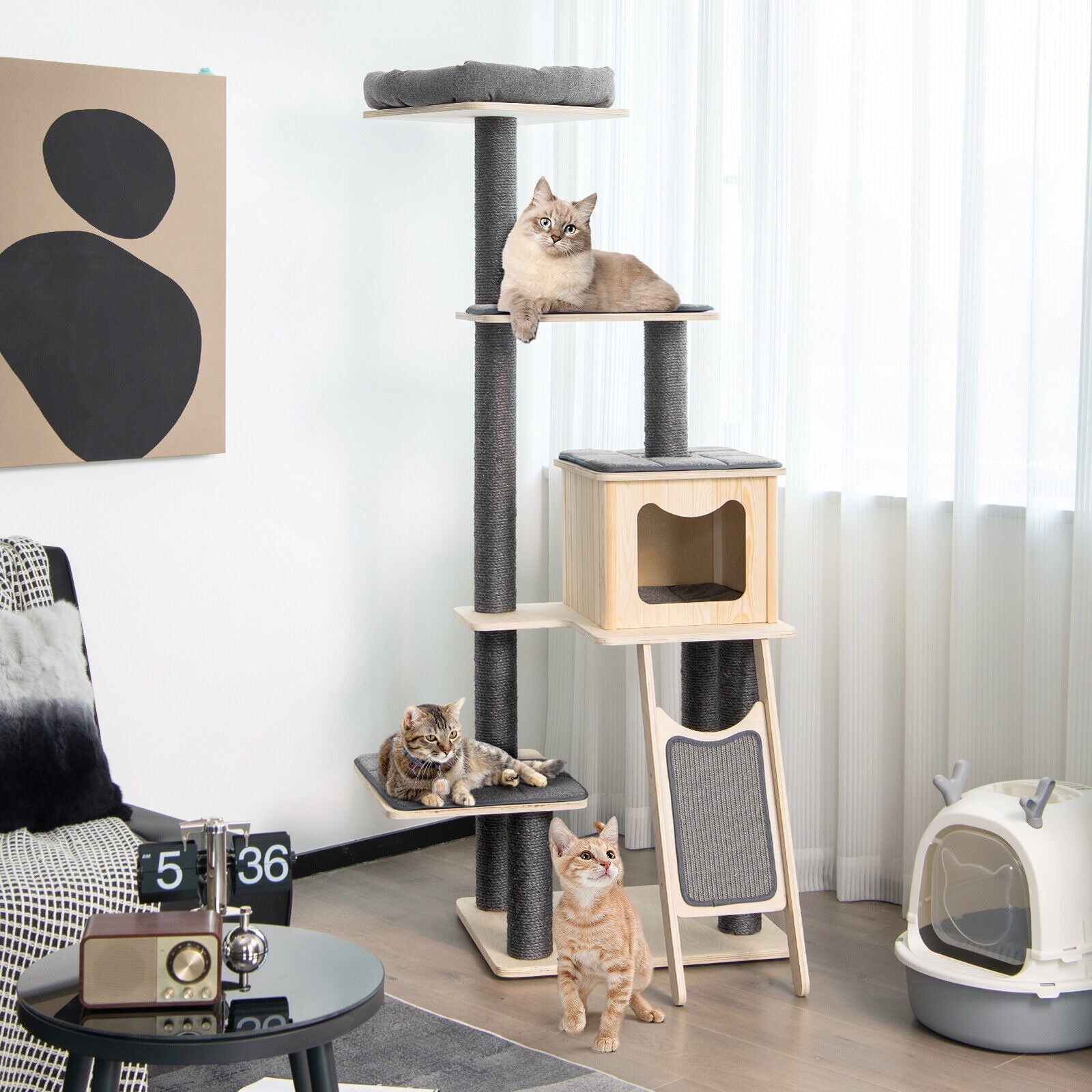 5-Tier Modern Wood Cat Tower with Washable Cushions-Gray - Majestic Pet Kingdom