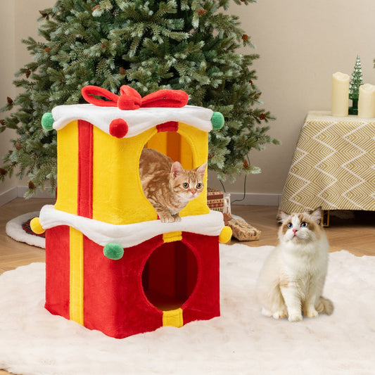 2 Gift Box Shaped Cute Christmas Cat House with Bow-Multicolor | Purrfect Pet Kingdom