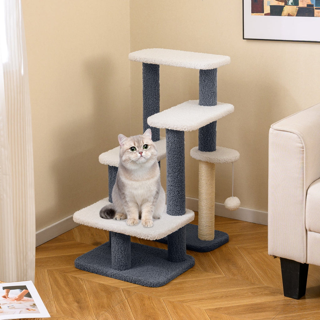 2-in-1 Cat Stairs Cat Tree Tower with Scratching Posts and Hanging Toy Ball-Gray - Majestic Pet Kingdom