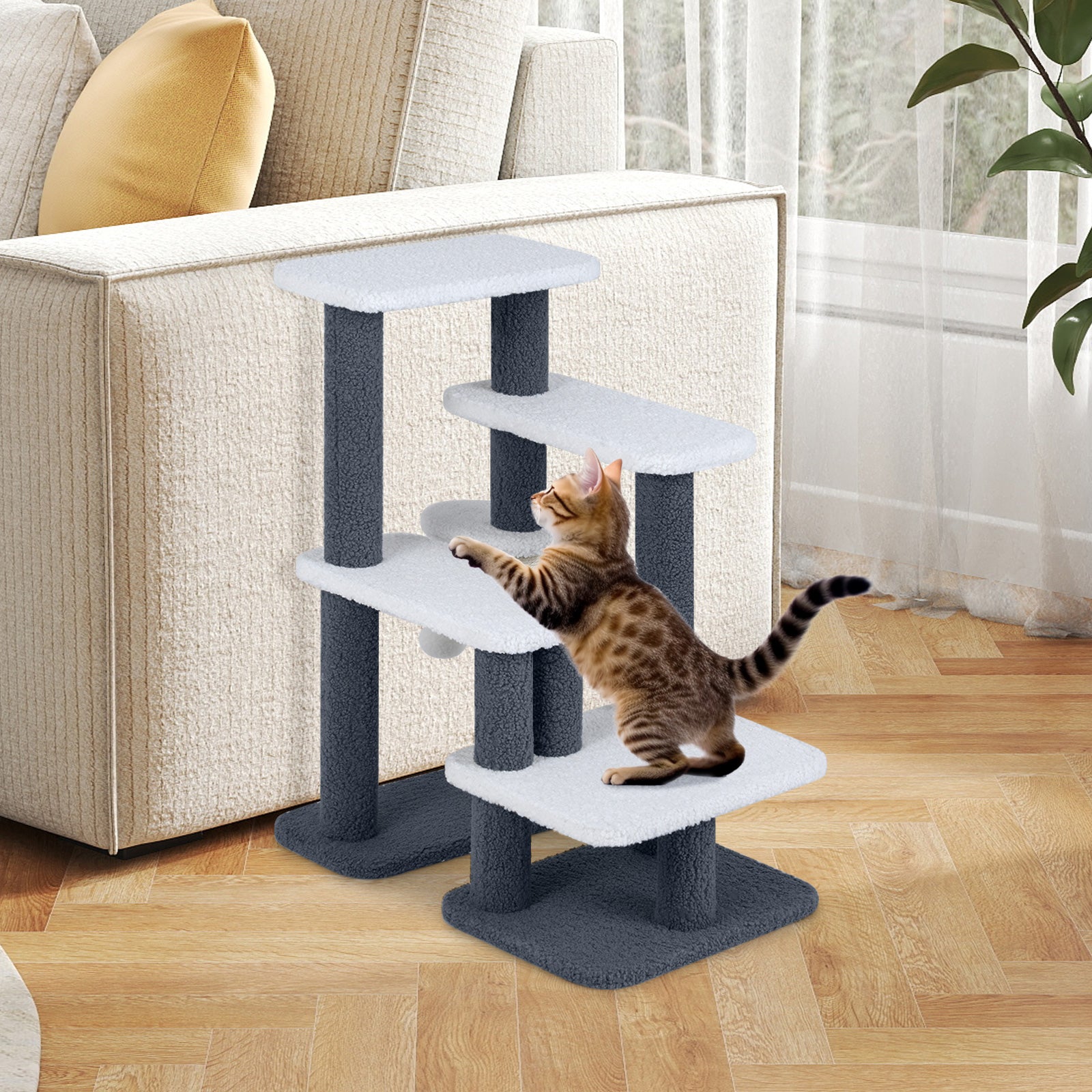 2-in-1 Cat Stairs Cat Tree Tower with Scratching Posts and Hanging Toy Ball-Gray - Majestic Pet Kingdom